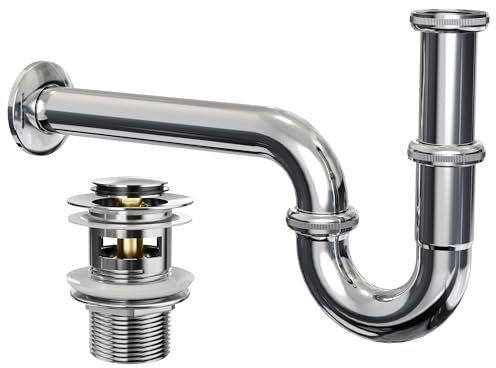 Heilmetz® Universal Siphon mit Auslaufventil für Waschbecken, Ablaufgarnitur mit Überlauf Edelstahl Röhrensiphon Geruchsverschluss Abfluss für Waschbecken,Waschtisch, Standard 1 1/4 x Ø37 mm, Chrom