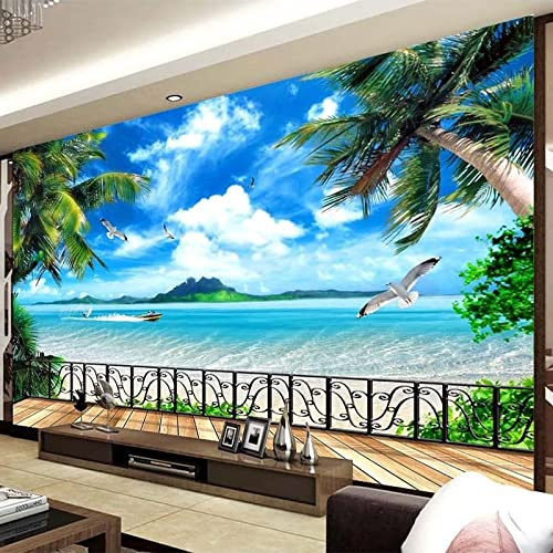 NEVRAH Papier peint 3D paysage de terrasse de plage avec vue sur la mer Papier peint décoratif de chambre à coucher de salon