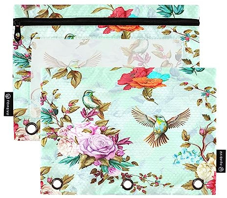 Quteprint Federmäppchen mit Blumen- und Rosen- und Vogelpflanzen, für 3-Ringordner, 2 Stück, Reißverschluss, Federmäppchen mit transparentem Fenster, Federmäppchen, Ordnertaschen, Organizer für Büro,