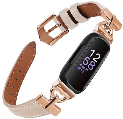Leather Bands Compatible with Fitbit Inspire 3 Bands, Replacement D-Shaped Watch Straps Soft Wristband for Fitbit Inspire 3 Fitness Tracker Women&Men (Beige/Rose Gold)