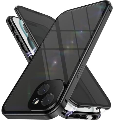 STARRYNOVA Privacy Case Compatible with iPhone 15, Front and Back Metal Magnetic Case, 360 Degree Protection with Anti-Peep Glass - Black