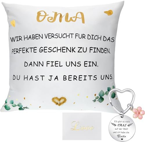 Panelee 3 Geschenke für Oma 40 x 40 cm Oma Kissenbezug mit Spruch DU HAST JA BEREITS Uns Schlüsselanhänger und Grußkarte Geschenke für Großmutter Geburtstag Muttertag