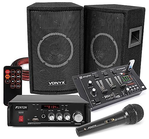VONYX SL6 DJ Speakers with Bluetooth Karaoke Amplifier & Skytec Audio Mixer Set - Home DJ & Karaoke System with Wired Microphone & Complete Cable Kit
