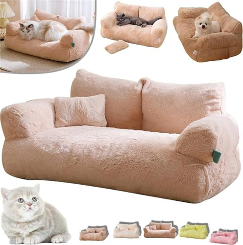 Calming Pet Sofa,2024 New Calming Pet Sofa Slicier,Calming Dog Bed Fluffy Plush Pet Sofa,Washable Puppy Sleeping Bed Cat Couch Pet Sofa Bed,with Removable Washable Cover (M, Beige)