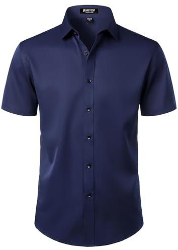 JEMITOP Men's Stretch Wrinkle Free Dress Shirts Formal Wedding Prom Short Sleeve Slim Fit Button Down Shirt, Navy, S