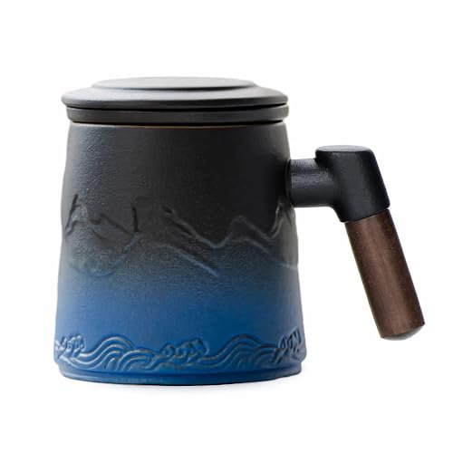 HwaGui Tasse à Thé en Céramique Mate Avec Passoire et Couvercle, Grande Poignée en Bois, Pour Usage Quotidien et Bureau, 350 ml, Noir et Bleu