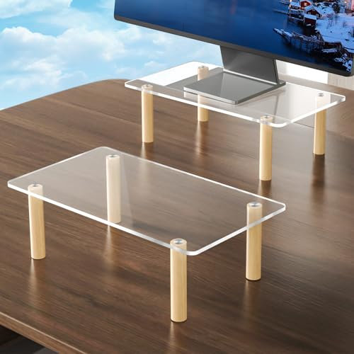 NiHome Lot de 2 supports moniteur acrylique portable, ordinateur, multifonctionnel bois pin, assemblage facile