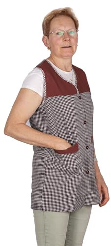 Delantal clásico de cuadros corto para señora - Mandil bata de cocina, limpieza y trabajo cómodo uniforme laboral para mujer (Marrón, XXL)