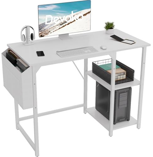 Devoko 100cm Computer Desk with Storage Shelves, Study Writing Desk Small Desks for Small Spaces, Home Office desk, Laptop Table for Home Workstations, Side Pocket Storage Bag, White