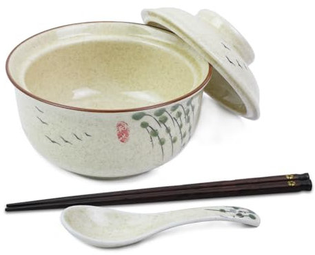 Ramen Schüssel Set Keramik Ramen Bowl Schüssel mit Deckel 800ml für 1 Person Japanische Vintage Großer Suppenschalen Instant Nudel Schalen Asiatisch Geschirr Löffel und Essstäbchen, Zweige