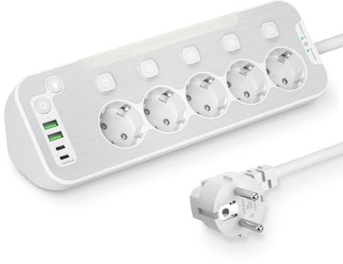 Steckdosenleiste Einzeln Schaltbar,5-fach Mehrfachsteckdose mit Schalter Tischsteckdose mit LED-Nachtlicht und Edelstahlfrontplat Ecksteckdose für Küche,Steckerleiste Überspannungsschutz 2M Kabel,Weiß