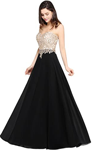MisShow Women's Elegant Chiffon A line Lace Sleeveless Round Neck Appliques Maxi Evening Dress Black 12