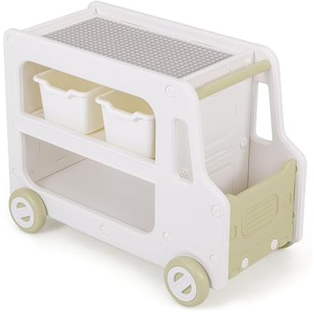 GYMAX Kids Toy Organizer on Wheels, Car Shaped Toddler Storage Units with 2 Plastic Bins & Building Block Panel, 3 Tiers Children Toys Chest Storage Rack For Nursery Playroom Bedroom