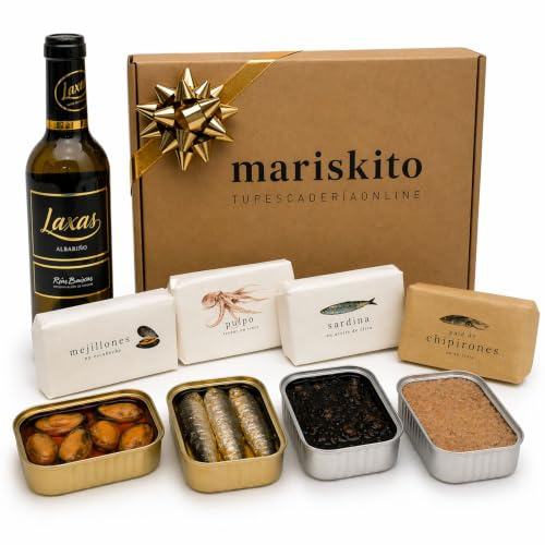 MARISKITO | Confezione Regalo Gourmet Albariño Laxas e Conserve Galiziane – Moules, Sardine, Polpo al Nero e Paté di Tonno – Confezione Aperitivo, Cesto Natalizio, Regalo Originale Economico