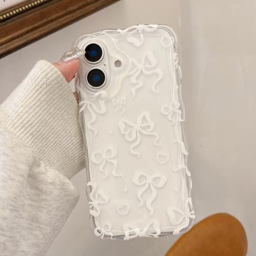 UEEBAI Bow Case for iPhone 16 6.1, Wavy Cute Ribbon Pretty Aesthetic Case Curly Stylish Soft Wave Clear Phone Shockproof Protective Pretty Cover for Women Girl - White