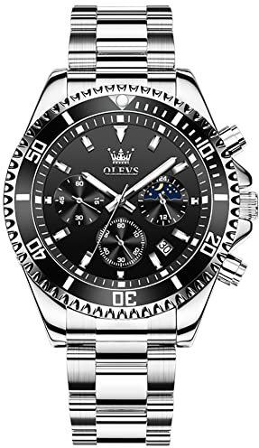 OLEVS Herrenuhr Eleganz Schwarz Großgesicht Geschäft Quarz Herrenuhr Silber Edelstahl Wasserdicht Chronograph Freizeit Herren Uhr Leuchtend Analog Kalender Multifunktion Schlichtem Uhren Herren