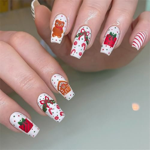 24 Pcs Christmas False Nails Medium Length - Gingerbread Man and White Snowflake Design - Coffin Press on Nails Short With Glue Stickers - Acrylic Full Cover