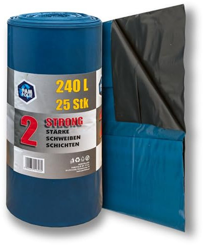 PAM-FOLIE Extra Starke Müllsäcke 240L - 25 Stück - Große, Dicke Abfallsäcke - 100x125cm - Doppelschicht - schwarzer, blauer Müllbeutel - Bauschuttsäcke - Bauschuttsäcke, universal