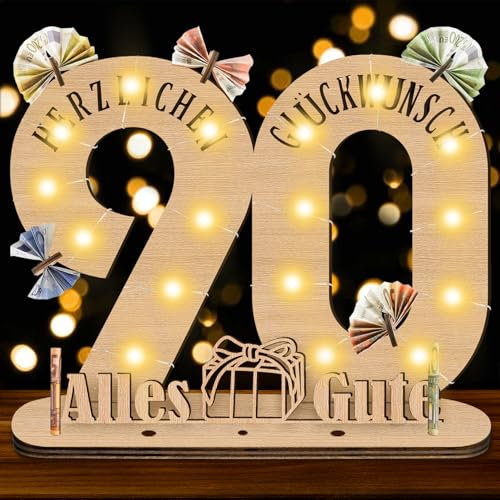 Herbst 90 Geburtstag Geschenk Fraun Männer, 90. Geburtstag Mann Originelle Geldgeschenke Holzschild mit LED Gästebuch, 90 Gästebuch Deko für Jubiläum,Personalisierbares Geschenk