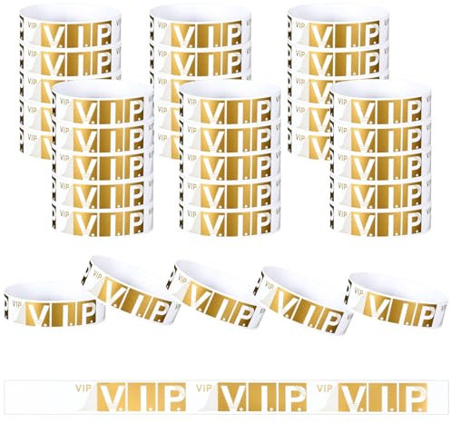 JJUNW 100 Stück VIP Einlassbänder, Papierarmbänder, Selbstklebend Vip Bändchen Wasserdichte Eintrittsarmbänder VIP Party Armbänder für Festival Partys Konzerte Vergnügungsparks(Gold)