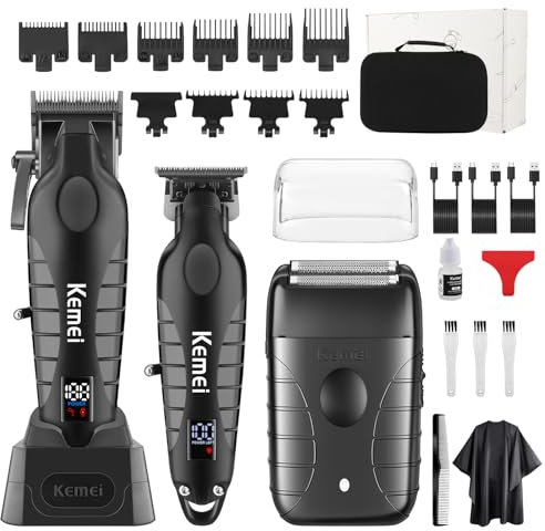KEMEI Profi Barber Haarschneidemaschine Set für Herren, Kabellos Elektrisch T-Klingen Haarschneider Folienrasierer Kit, USB Wiederaufladbare Friseur Haarschneide Maschine Set mit 9 Führungskämmen