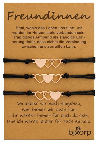 Bixorp Freundschaftsarmband für 3 mit Herz-Anhängern Roségold - BFF Armband für Mädchen & Damen - Ideales Geburtstagsgeschenk für die beste Freundin
