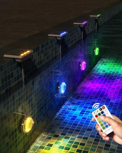 Lot de 4 lampes solaires à DEL submersibles avec télécommande IP68, 16 couleurs, éclairage sous-marin pour piscine hors sol, étang (blanc)