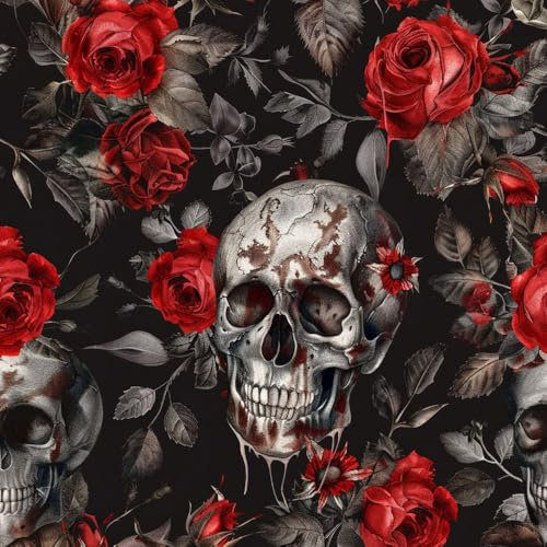JIAOQSS Peel and Stick Wallpaper Skull Red Rose Dark Self Adhesive Wallpaper Contact Paper Waterproof Vinyl Film Plastic Roll for Bedroom Living Room Wall Cabinet Decoration