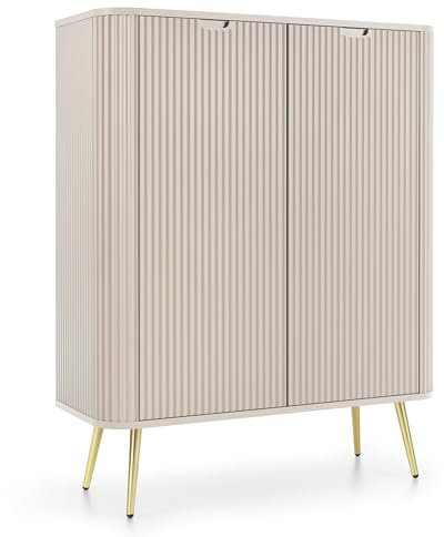 Selsey Zova Highboard - Grau-beige Kommode mit Gold-Metallfüßen - Minimalistisches Design mit Abgerundeten Kanten & Geriffelten Fronten - Matt Holz & MDF - 129x103x39 cm - Schrank für Schlafzimmer