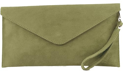 modamoda de T106 Women's Suede Suede Suede Clutch Shoulder Bag Evening Bag Handmade in Italy, Light olive green, S