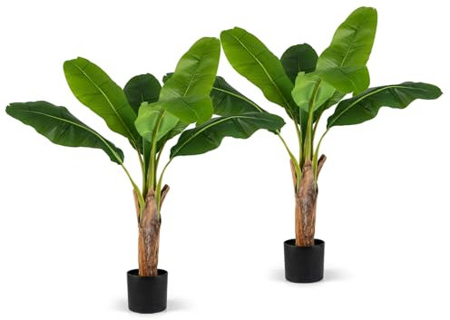 GIANTEX Juego de 2 Árboles de Plátano Artificiales, Planta Falsa en Maceta con Tronco y Ramas Realistas, 7 Hojas de PEVA, Planta Decorativa para Entrada, Oficina, Salón