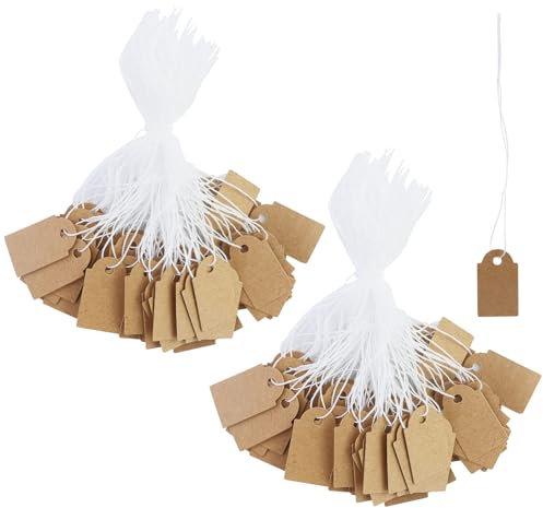 200 Stück Mini Preisschilder Anhänger mit Elastische Kordel, 25 x 15mm Etiketten Anhänger, Brown Kleinen Hängeetiketten Markierungsetiketten für Schmuck Display