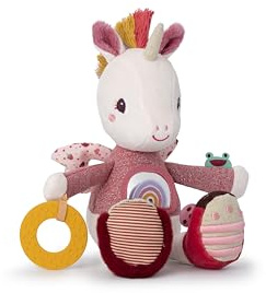 Lilliputiens - Activity Plüschtier Lena das Einhorn - Interaktive Babyrassel mit Spiegel, Silikon-Beißring, Glöckchen und Papiergeräusch - Stimuliert die Sinne und die Motorik - Ab 9 Monaten.