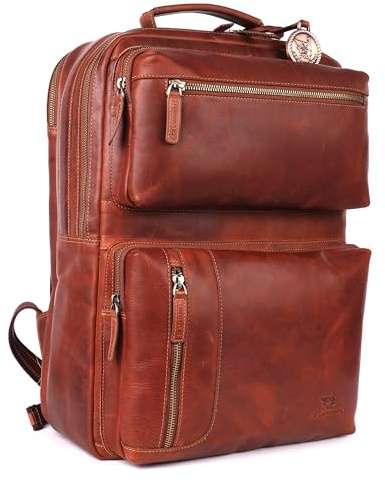 DE LAMASSU® Alfred Laptop Rucksack aus echtem Leder – Business Rucksack für Damen & Herren – bis 17 Zoll – Trolley-Gurt, Vintage Look, Luxus Geschenkbox (Cognac Dunkel)