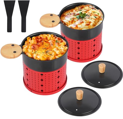 ipow 2er Set Mini Raclette Grill, Racletteofen Set antihaftbeschicht Kerzenraclette für Teelichter, Mini Raclettes, Teelicht-Raclette mit 2 Schaufeln und Deckel, Rot