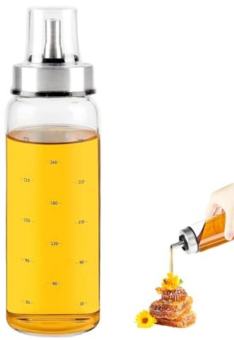 ZoeQide Honigspender 300 ml aus Glas mit Pressausgießer für Ahornsirup | Schutzkappe und Skala halten die Öffnung abgedeckt und den Füllstand beim Frühstück, an der Kaffeebar oder im Café im Blick