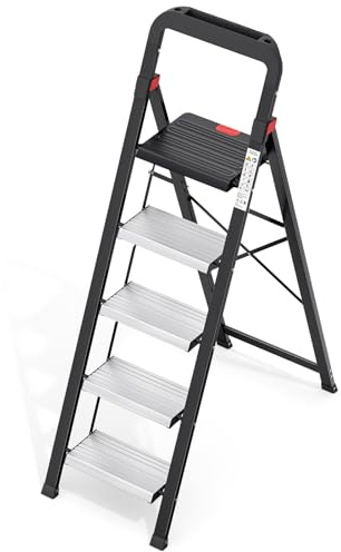 Urackify 5 Step Ladder with Tool Tray, Folding Step Stool with Aluminum Non-Slip Pedals, Sturdy 800LBS Ladder for Adult, Portable Lightweight Ladders for Home, Kitchen, Garage