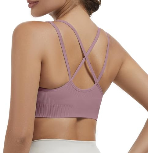 Nabawa Strappy Sports Bras for Women Crisscross Back Medium Support Yoga Bra Unpadded Gym Workout Fitness Crop Top,Pink S