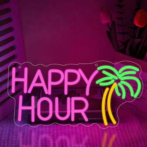 Happy Hour Neon Schild, LED Coconut Palms Leuchtreklame für Wand Deko, Dimmbare Neonlichter USB Power für Bar Pub Club Cafe Coffee Hotel Mann Höhle Geburtstag Party