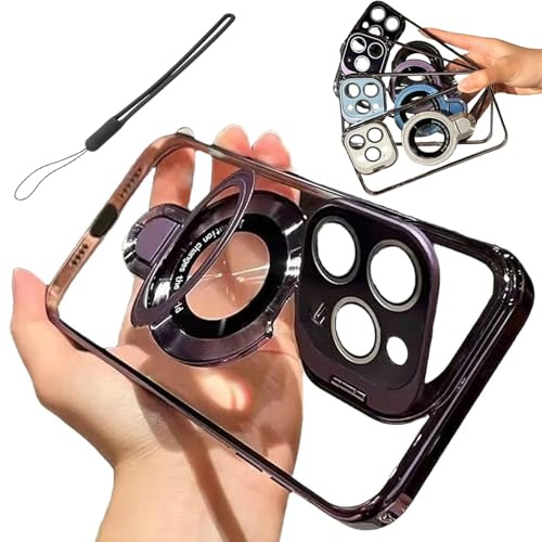Double Stand Case Cover for iPhone 16/15/14/13 Pro Max,Transparent Electroplated Magnetic Protective Case with Folding Stand (For iPhone 15,Purple)