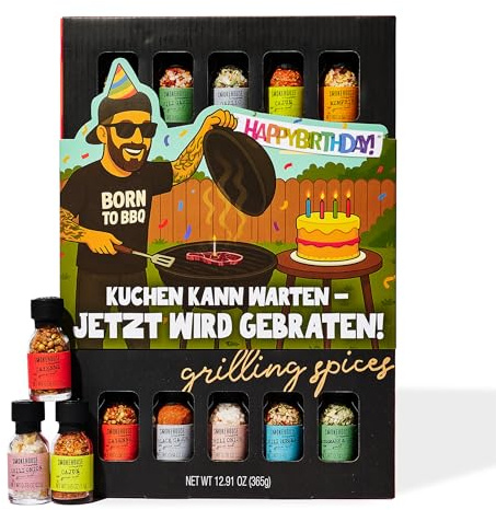 Smokehouse by Thoughtfully, Grill-Gewürzset mit Geburtstagsverpackung, enthält 20 BBQ-Gewürze und Rubs wie Chili-Knoblauch, Italienisch und Cajun, Geschenk für Männer, Väter oder Grillliebhaber