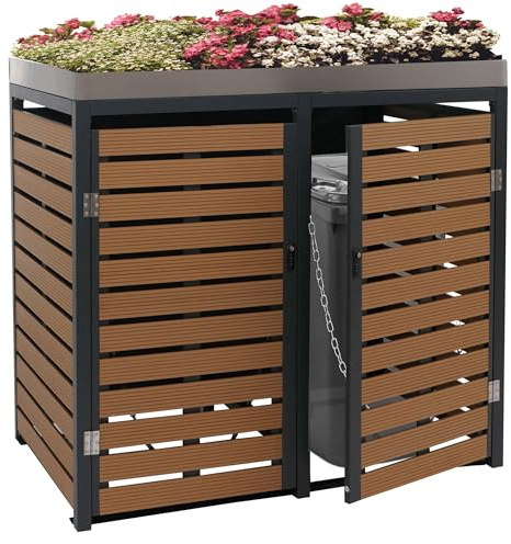 2er Mülltonnenverkleidung HWC-K14, Mülltonnenbox mit Pflanzkasten, 124x134x84cm WPC Edelstahl 79kg - Teak-Optik