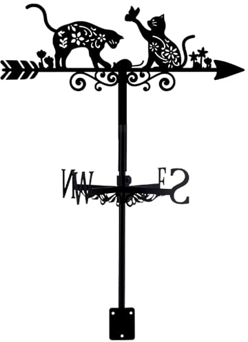 PRESSINART Veleta de Gato para Exteriores En Metal para Patio con Diseño de Gatos Negros Ratón Mariposa Y Flor Decorativa Veleta de Hierro para Indicar la Dirección del Viento En 7.9 x 14.2 Pulgadas