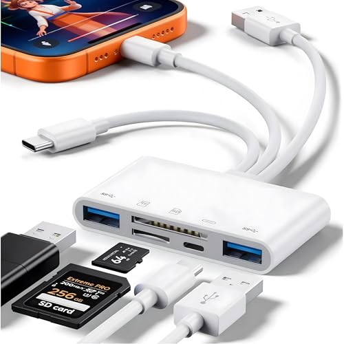 Lecteur de Carte SD Multifonction avec Adaptateurs pour iPhone et USB-C – Idéal pour Transférer Vos Fichiers Rapidement et Facilement avec des Lecteurs de Carte Mémoire Externes