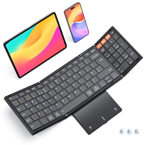 MEETION Tastiera Bluetooth pieghevole con touchpad, tastiera wireless portatile a 3 dispositivi con tastiera numerica e trackpad, tastiere ricaricabili per viaggi d'affari, layout QWERTY UK, iOS