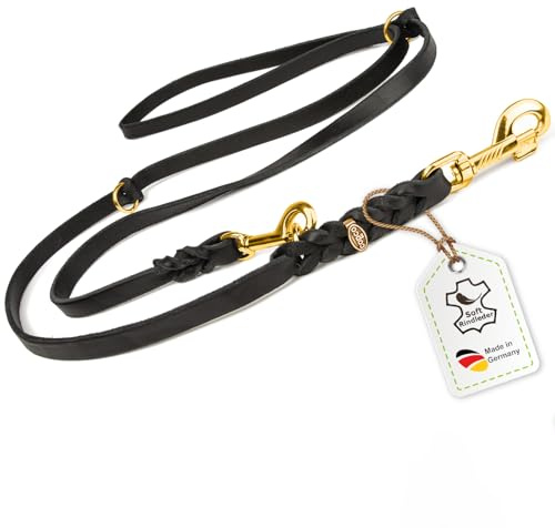 Hundeleine Leder 3m mittelgroße Hunde Fettlederleine [3-Fach Verstellbar] Lederleine geflochten – robuste Leine Hund mit Messingbeschlägen – Führleine Hund & Freihandleine – Dog Leash Schwarz 15mm
