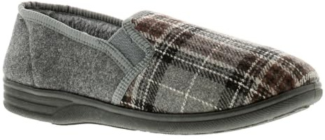 Dr Keller Derek Slip On Mens Full Slippers with Check Pattern - Grey. Warm House Footwear for Men, Mens Bedroom Slippers with Felt Back and Faux Fur Lining