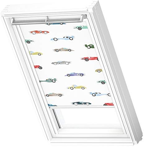 VELUX Original Verdunkelungsrollo (DKL), Kinderkollektion, weiße Seitenschienen, FK06, Rennwagen