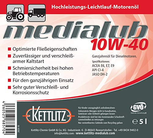 5 Liter Mineralisches Hochleistungs-Leichtlauf-Motorenöl KETTLITZ-Medialub 10W-40 Ganzjahresöl für Dieselmotoren