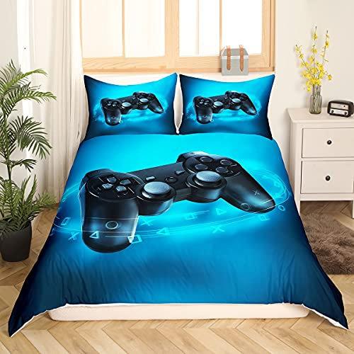 Kinderspiele Bettbezug gamer gaming Bettwäscheset Teens Gamepad Bettwäsche 155x220,Moderne Vr Spieler Mikrofaser für Jungen Mädchen,Spieler Joystick Bettwäscheset Schlafzimmer Dekor 2 teiliges Blau